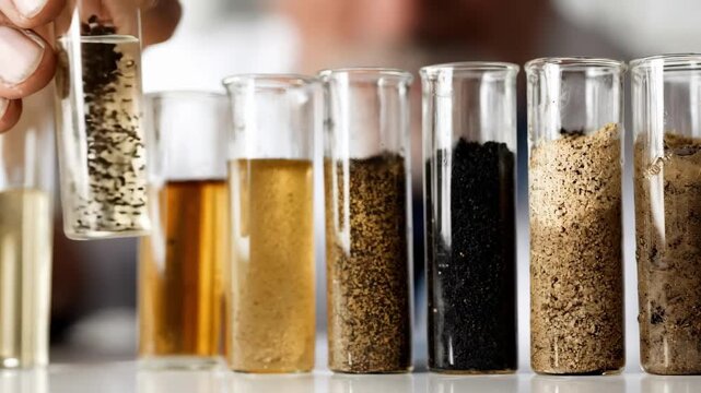Laboratory technician conducting chemical soil tests with reagents and glassware to determine nutrient composition and health indicators.