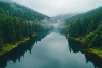 Mountain river flowing through green forest valley under cloudy sky