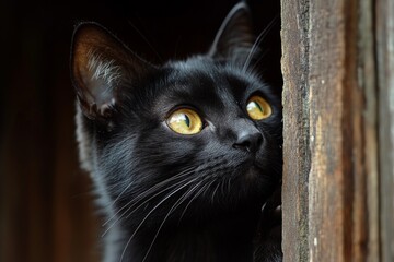 Curious black cat peeking from behind wooden wall