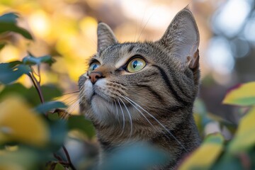 Close up of cat looking up at bright autumn sunlight