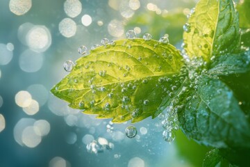 Fresh green mint leaves covered with water drops