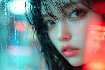 Close up of a young woman behind a rainy glass window with neon city lights