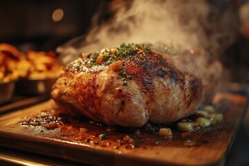 Roasted meat with herbs served on a wooden board in warm lighting