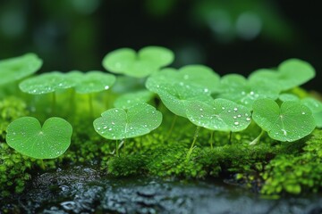 Macro shot of fresh green clover leaves with water droplets