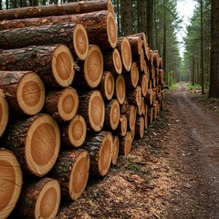Detailed view of freshly cut hardwood logs stacked tightly near a forest path, showing the textured bark and annual rings, ready for transport ,woodland ,management ,natural
