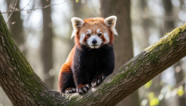 A cute red panda sitting on a tree branch in a forest, looking directly at the camera.