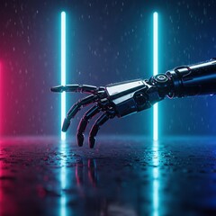 Detailed view of highly advanced chrome mechanical limbs illuminated by brilliant, harsh neon light sources in a futuristic rainy urban landscape ,sci-fi ,interface ,circuit