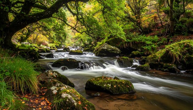 Lush forest scene. A flowing river courses through the scene, surrounded by mossy rocks and vibrant foliage. Light filters, creating depth - Powered by Adobe