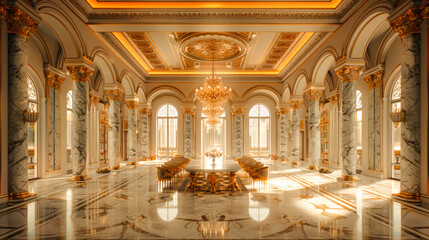 Classic Palace Hall with Marble Columns and Golden Ceiling