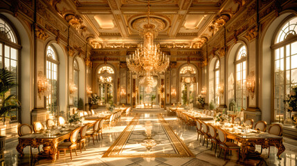 Obraz premium Luxurious Golden Dining Hall with Chandeliers and Marble Details