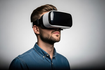 A young male wearing a modern white and black virtual reality headset