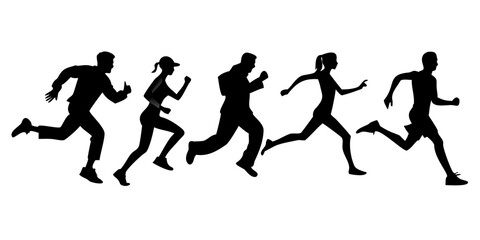 Silhouette of people running, fitness and health
