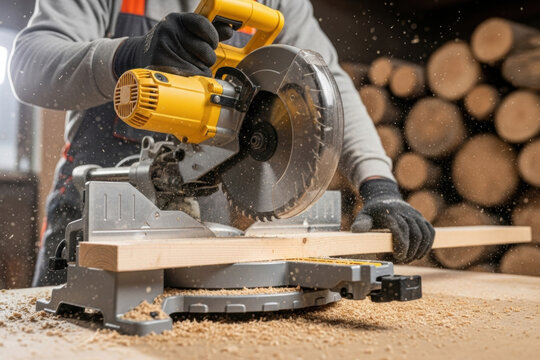 A person operating a miter saw