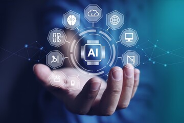 Hand holding AI technology network with icons and glowing connections