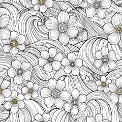 Obraz premium Monochrome illustration features blossoms with detailed petals and golden centers, interwoven with flowing, wave-like lines