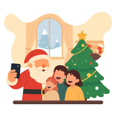 Santa Claus Taking a Selfie with Happy Children in Modern Flat Design