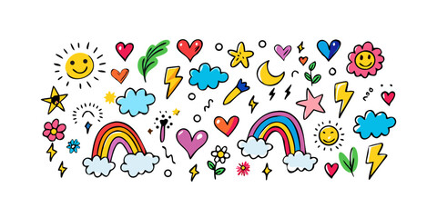 Hand drawn doodle set with sun and rainbow
