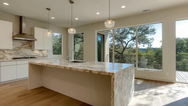 Stylish Modern Kitchen with Marble Countertop and Panoramic Windows