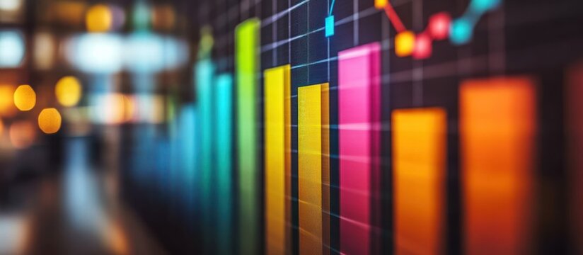Colorful bar graph chart on screen with blurred background.