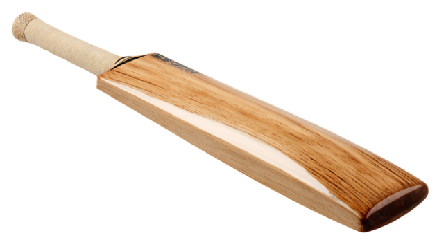Wooden cricket bat with a textured grip isolated on transparent background