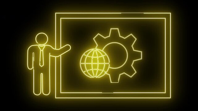 Yellow neonstyle line drawing of a person presenting a screen with globe and gear icons