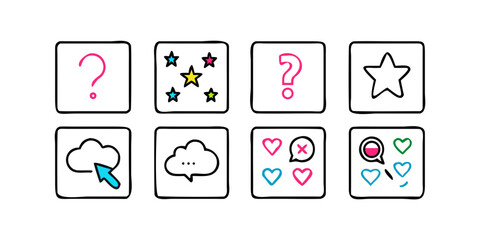 Hand drawn speech bubbles with question mark, heart, star