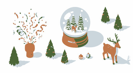 Festive Christmas Decoration Arrangement with Globe, Confetti, Deer, and Trees