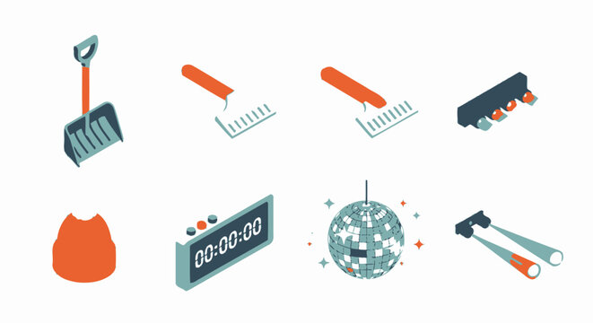 Collection of Isometric Winter Tools and Timekeeping Devices Icons on White
