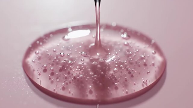 Close up of pink liquid dripping into a clear viscous gel creating tiny air bubbles in soft studio lighting