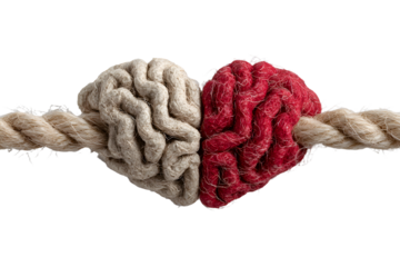 Heart and brain connected by a knot on a white background
