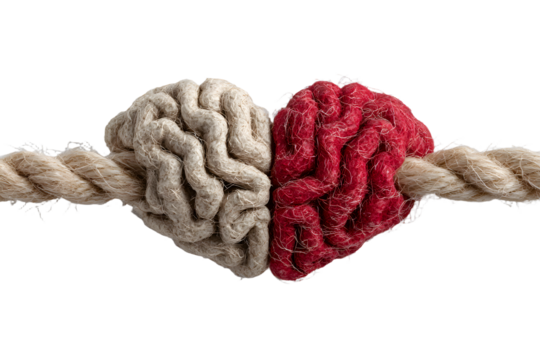 Heart and brain connected by a knot on a white background