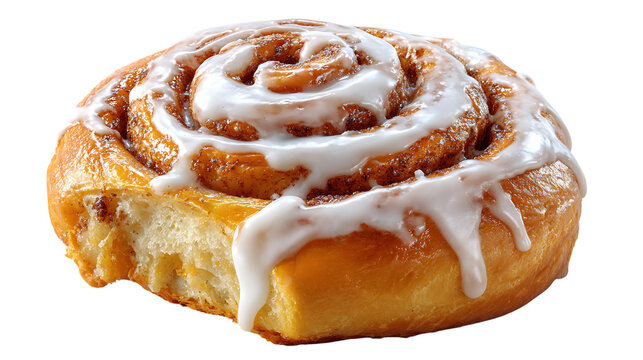 Delicious cinnamon roll isolated on transparent background with sweet white icing