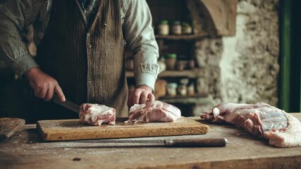 Butcher expertly employs traditional manual methods to debone meat focusing on craftsmanship and attention to detail in the process.