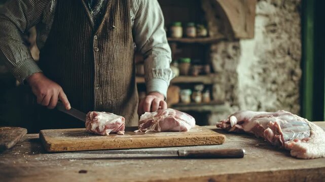 Butcher expertly employs traditional manual methods to debone meat focusing on craftsmanship and attention to detail in the process.