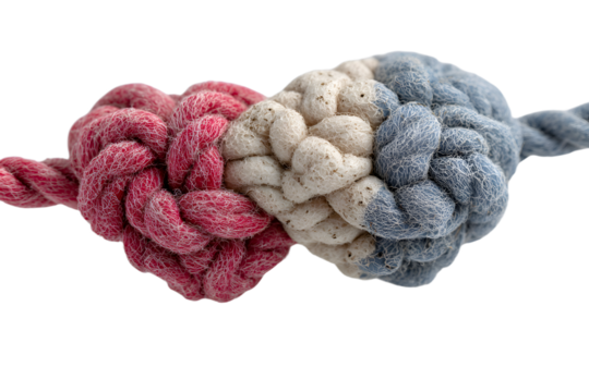 Heart and brain connected by a knot on a white background