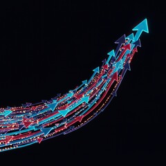 Digital visualization of numerous interconnected glowing arrows forming a complex, upward flowing pathway representing future strategy and goals ,success ,visual ,development