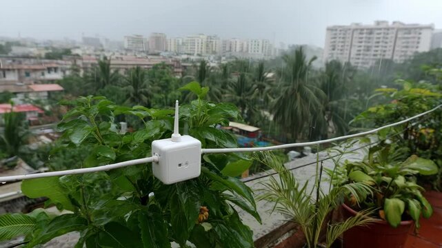 Medium shot of a compact IoT device mounted outdoors capturing realtime temperature and humidity data for localized environmental analysis.