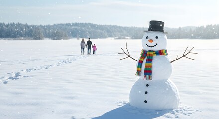 Happy snowman on a snowy field with a family walking in the background.