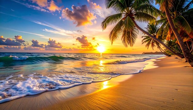 A vibrant sunset over a tranquil ocean scene. The golden light reflects on the water and the sandy beach with palm trees in view