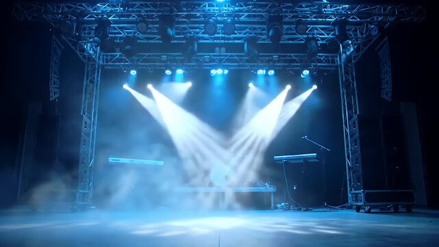 Empty Concert Stage With Blue Lights And Smoke Machine Effects Ready For Performance