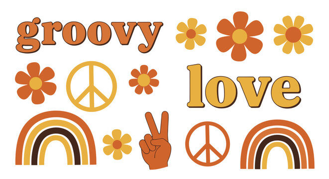 Retro 70s vector element set. Groovy typography, flowers, and peace signs. Vintage illustration pack.