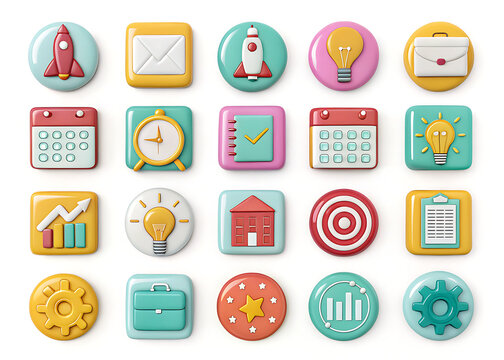 Collection of colorful flat icons representing business and creativity concepts