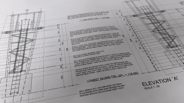 Close-up view of an A1 construction drawing. This large-format blueprint on white paper contains crucial technical details. It's used by site personnel for accurate building construction and execution