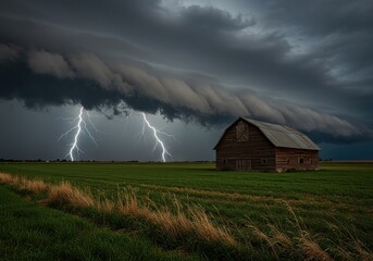 Dramatic agricultural landscape featuring a weathered wooden barn contrasted sharply by threatening thunderheads and heavy, dark storm clouds ,landscape ,stormy ,contrast