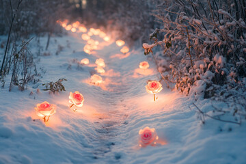 path lined with glowing winter roses leading through peaceful, snowy meadow