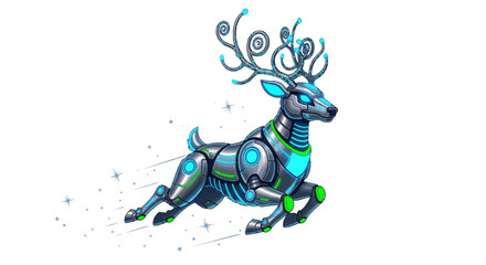 Futuristic cybernetic reindeer leaps with glowing neon accents and swirling antlers against a clean white background, evoking innovation and fantasy