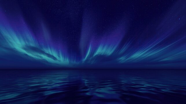 Beautiful northern lights over the ocean with blue and purple colors in the night sky and reflection on the water creating a starry aurora scene.