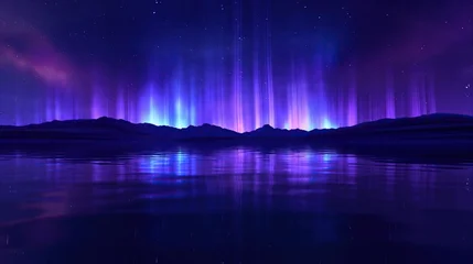 Tableau sur plexiglas Réflexion Beautiful northern lights over a lake with purple and blue colors reflected on the water surface under a starry night sky with mountain silhouettes.  © Roger