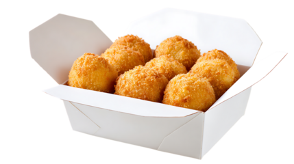 Golden fried arancini balls in a white box isolated on transparent background