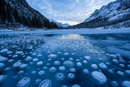 Patterns of trapped air bubbles in frozen alpine lake - Powered by Adobe